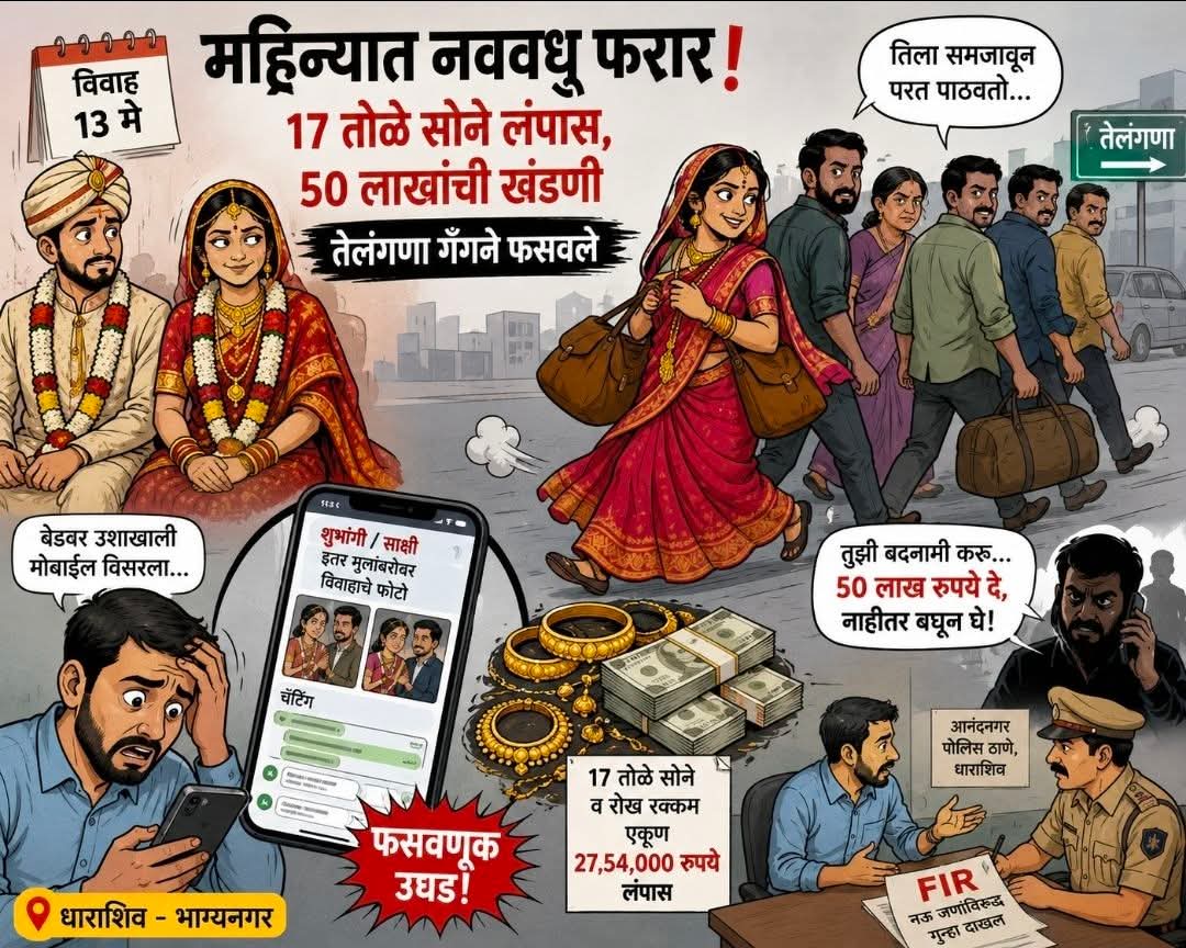 विवाहानंतर महिन्याभरात नववधू फरार; १७ तोळे सोने लंपास, ५० लाखांची खंडणी मागणी